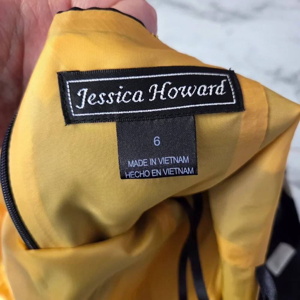 Jessica Howard Size 6 Navy White Polka Dot Yellow Bow Retro Sleeveless Dress